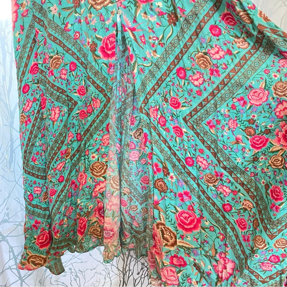 SPELL AND THE GYPSEY PINK TURQUOISE FLORAL PRINT BUTTON UP BABUSHKA GOWN DRESS - Picture 10 of 13